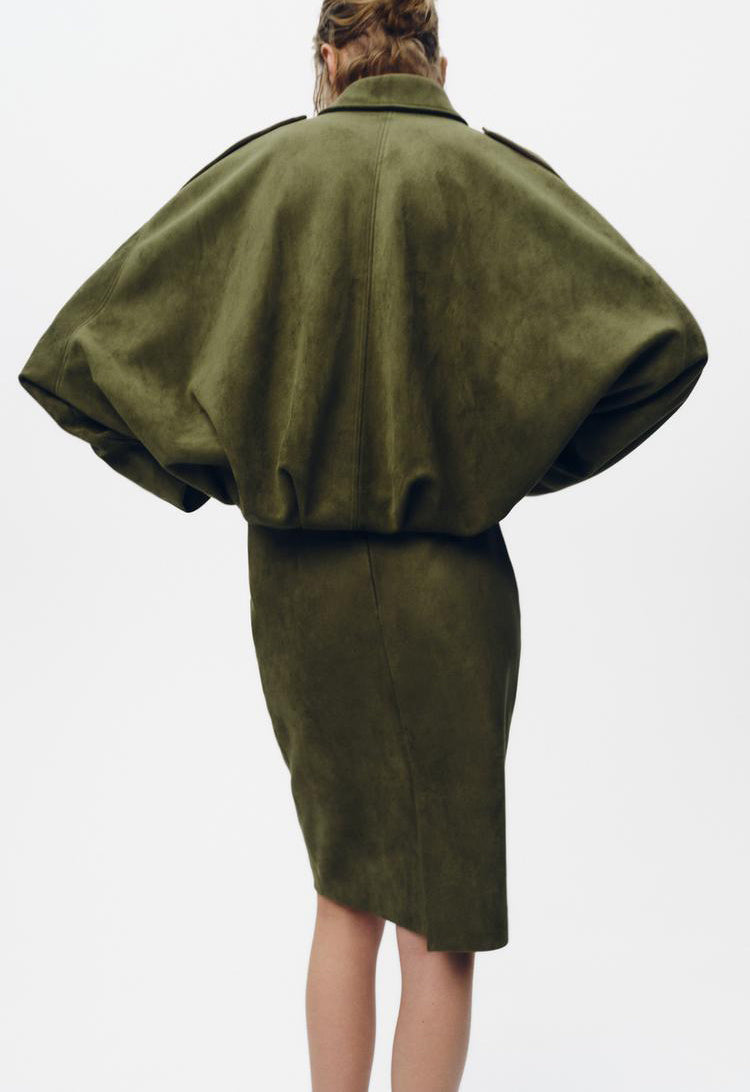 Women’s Batwing Sleeve Lapel Suede Texture Effect Pilot Jacket
