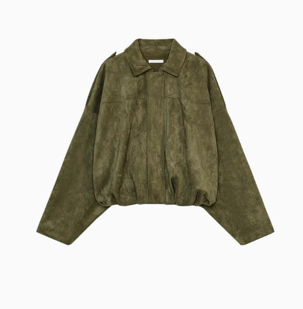 Women’s Batwing Sleeve Lapel Suede Texture Effect Pilot Jacket