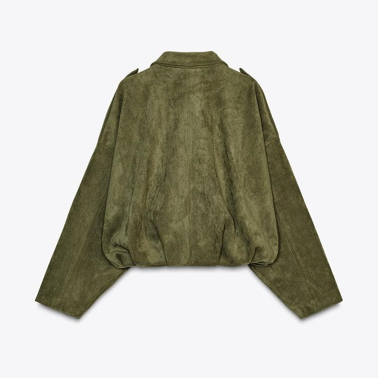 Women’s Batwing Sleeve Lapel Suede Texture Effect Pilot Jacket