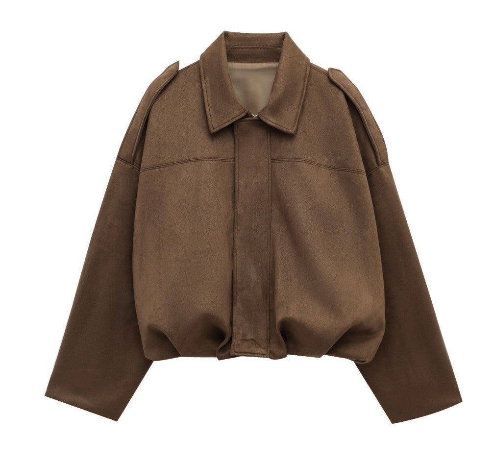 Women’s Batwing Sleeve Lapel Suede Texture Effect Pilot Jacket - Brown / L
