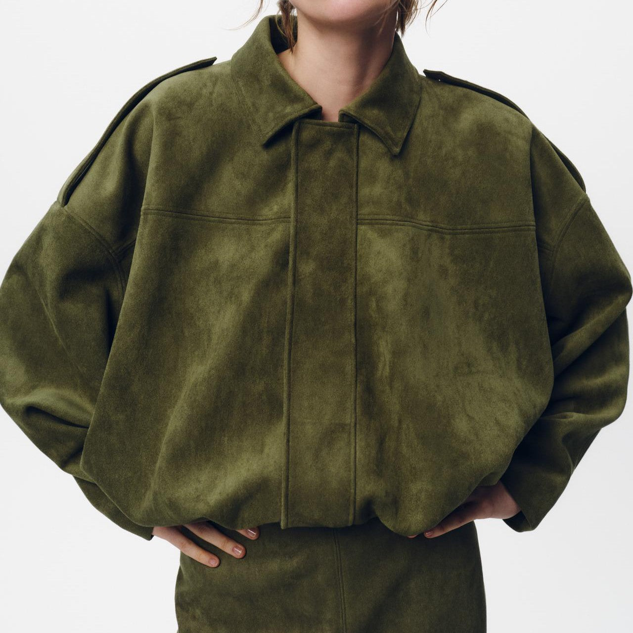 Women’s Batwing Sleeve Lapel Suede Texture Effect Pilot Jacket - Medium Khaki / S