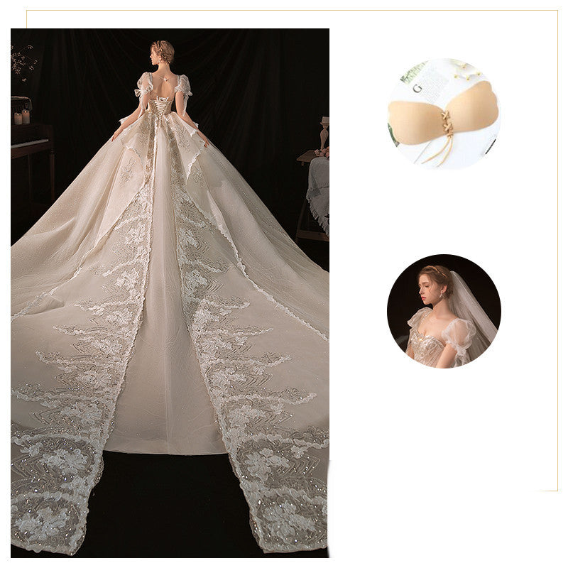 Women’s Fashion Temperament Heavy-duty Trailing Bustier Dress - Trailing / With Veil and Chest Patch / S