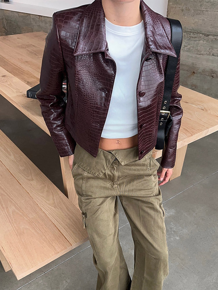 Wine Red Lapel Long Sleeve Leather Coat - Wine Red / S