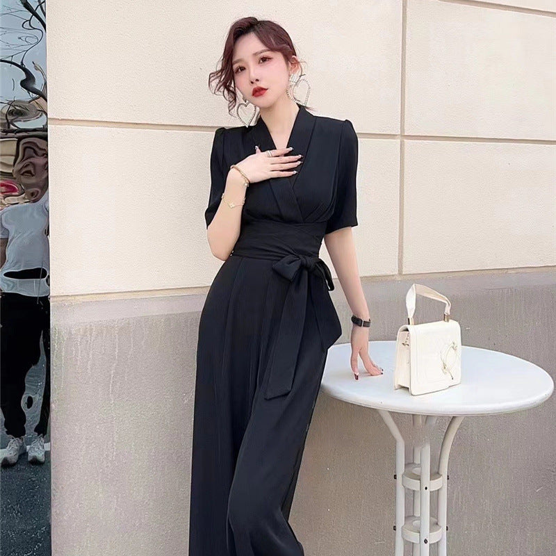 Elegant Temperament Pure Color High Waist Slimming Lace-up Wide Leg Jumpsuit - Black / S