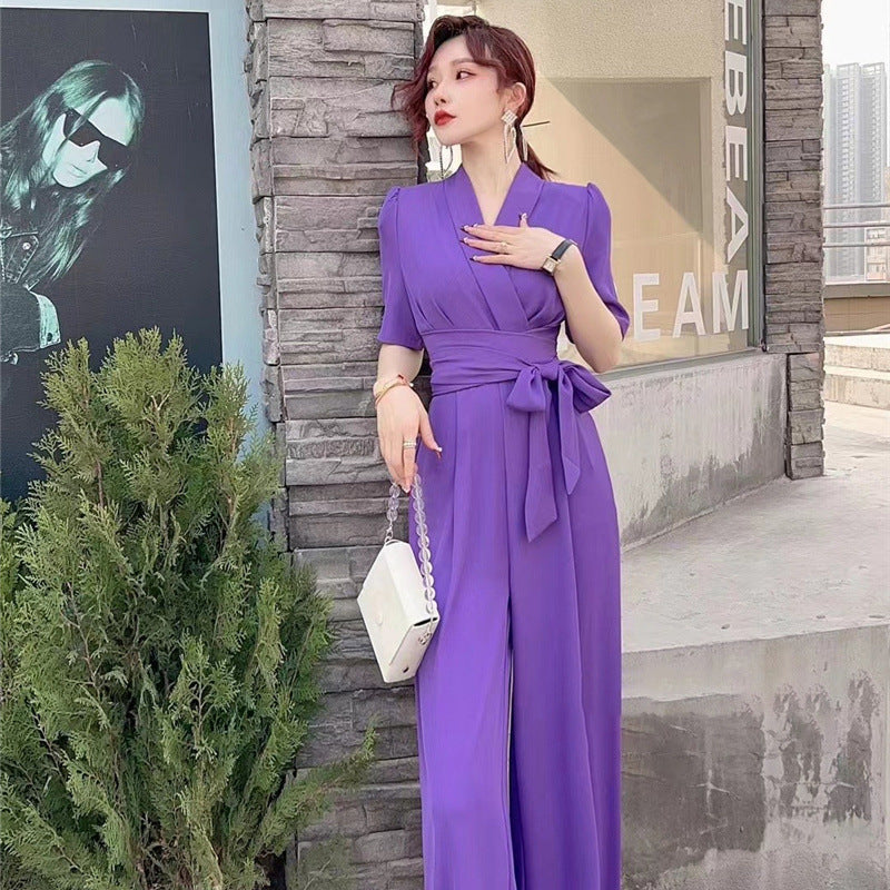 Elegant Temperament Pure Color High Waist Slimming Lace-up Wide Leg Jumpsuit - Purple / S