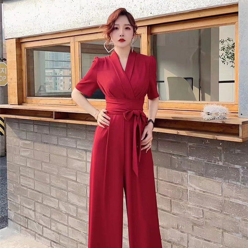 Elegant Temperament Pure Color High Waist Slimming Lace-up Wide Leg Jumpsuit - Red / S