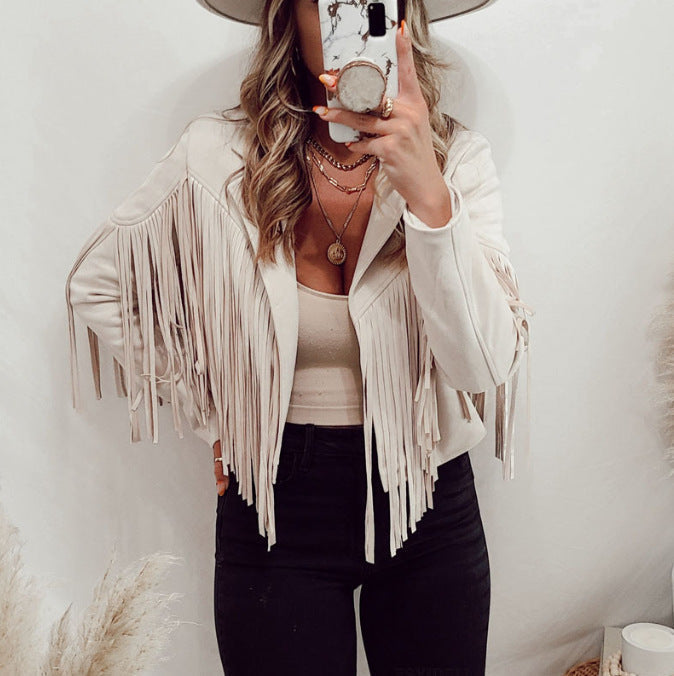 Women’s Slim-fit Long-sleeved Tassel Coat - Apricot / S