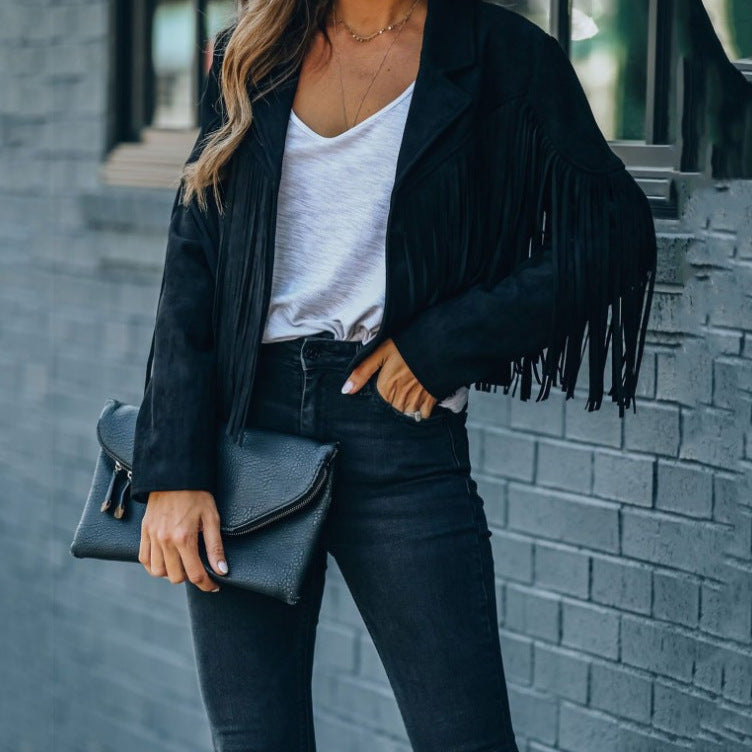 Women’s Slim-fit Long-sleeved Tassel Coat - Black / S