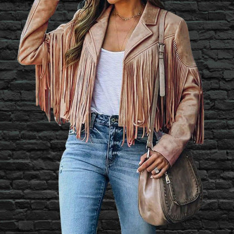 Women’s Slim-fit Long-sleeved Tassel Coat - Brown / S