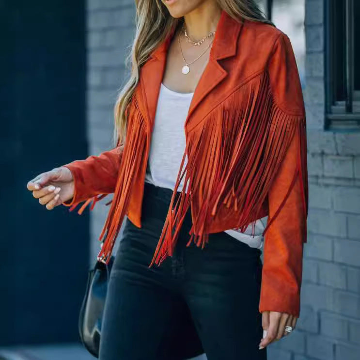 Women’s Slim-fit Long-sleeved Tassel Coat - Iron Red / S