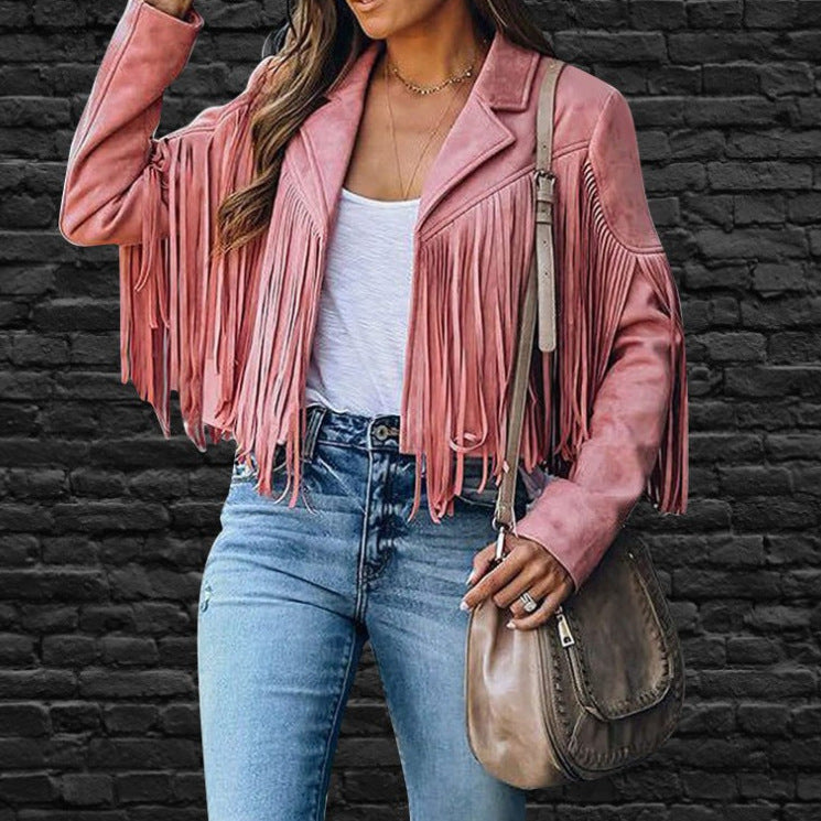 Women’s Slim-fit Long-sleeved Tassel Coat - Pink / S