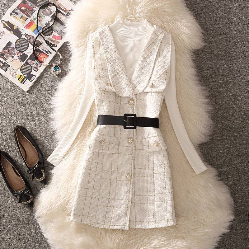 Women’s Slim Knitted Bottoming Shirt Vest - White vest and white sweater / S