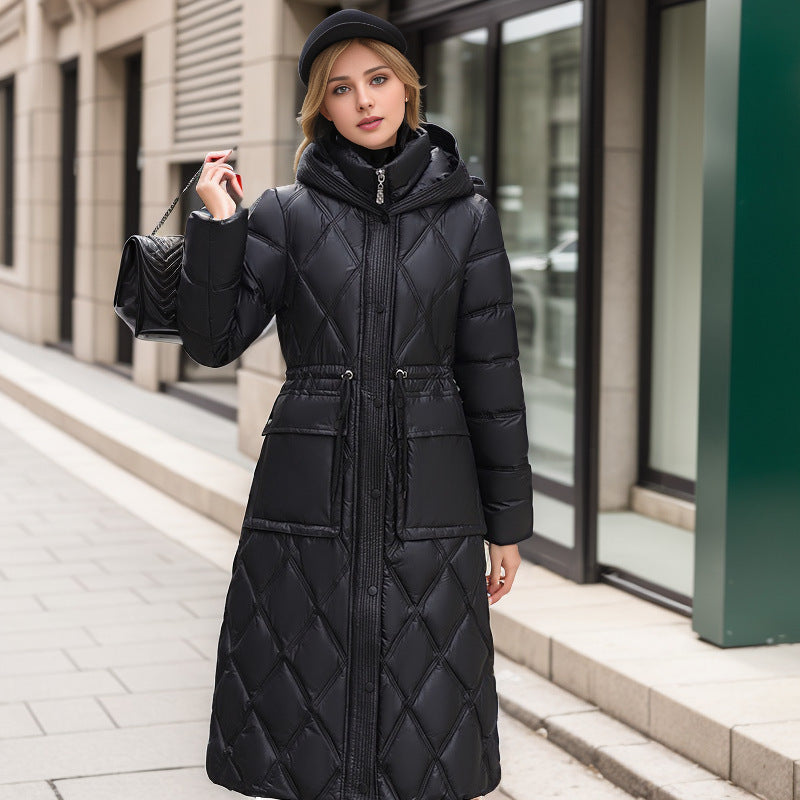 Thick Mid-length Below The Knee Hooded Winter Women’s Down Jacket - Black / M
