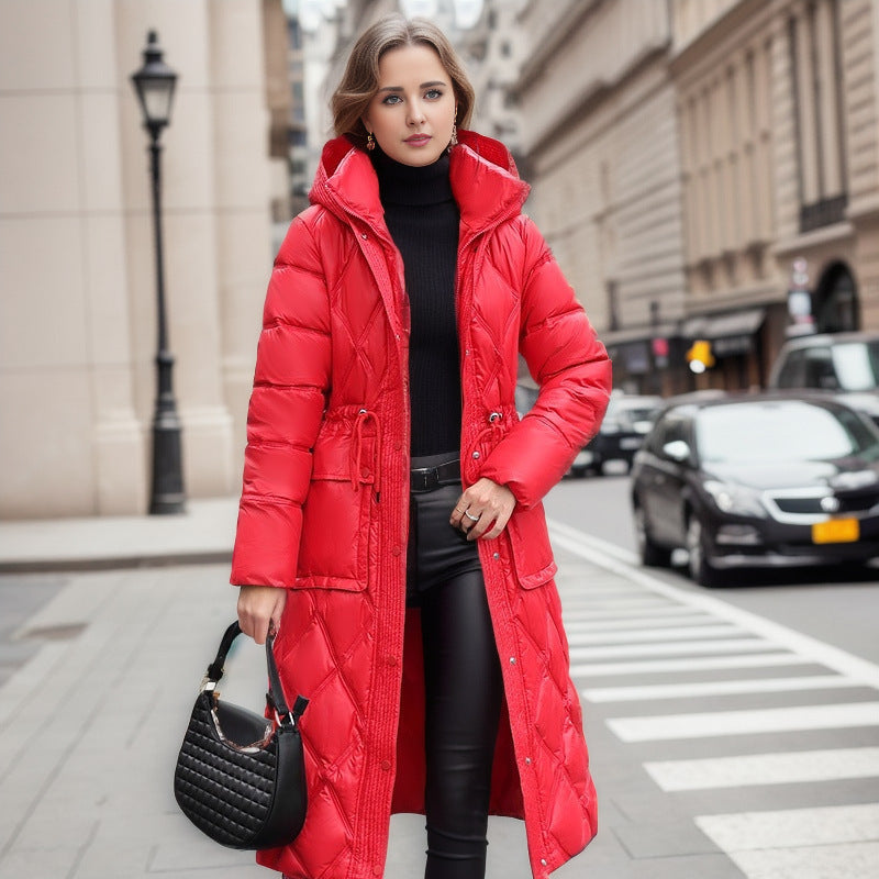 Thick Mid-length Below The Knee Hooded Winter Women’s Down Jacket - Red / M