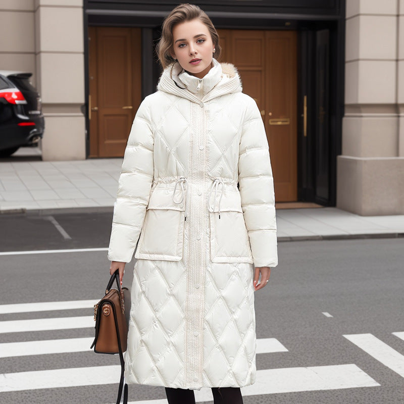 Thick Mid-length Below The Knee Hooded Winter Women’s Down Jacket - White / M