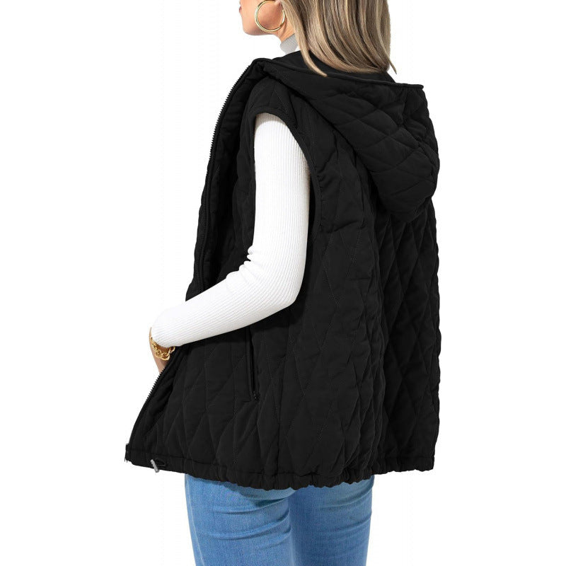 Fashion New Ladies Hooded Cotton-padded Waistcoat - Black / S