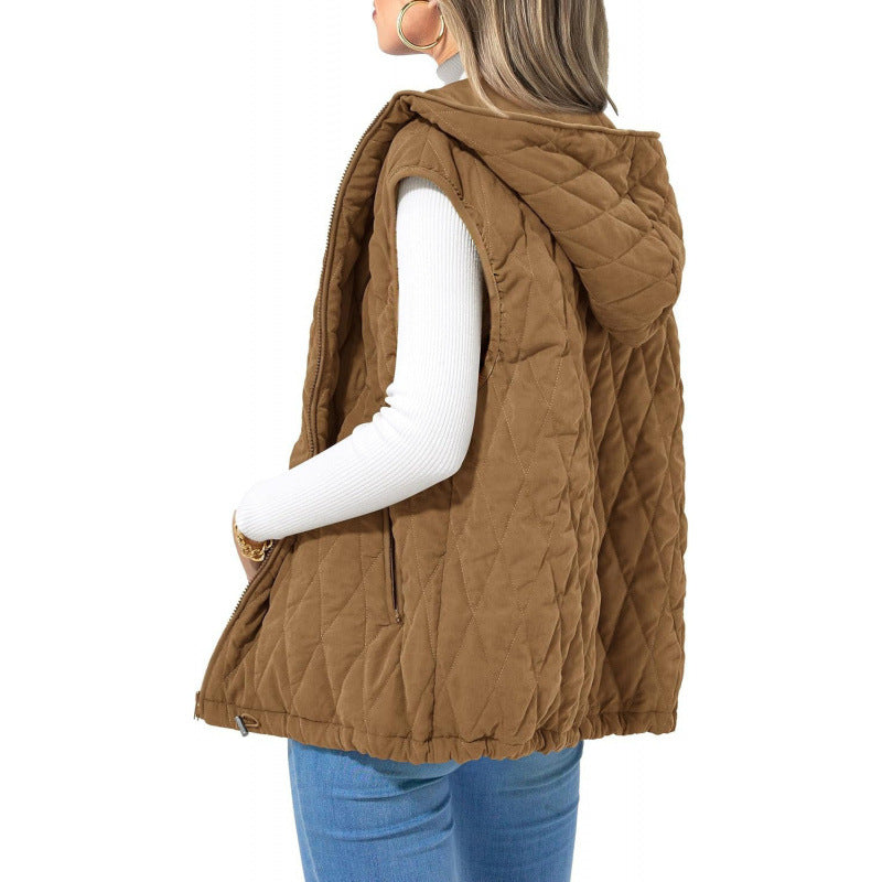 Fashion New Ladies Hooded Cotton-padded Waistcoat - Camel / S