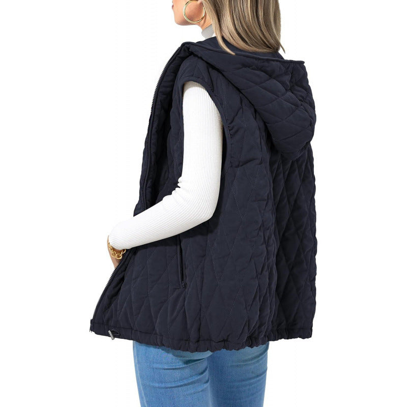 Fashion New Ladies Hooded Cotton-padded Waistcoat - Navy Blue / S