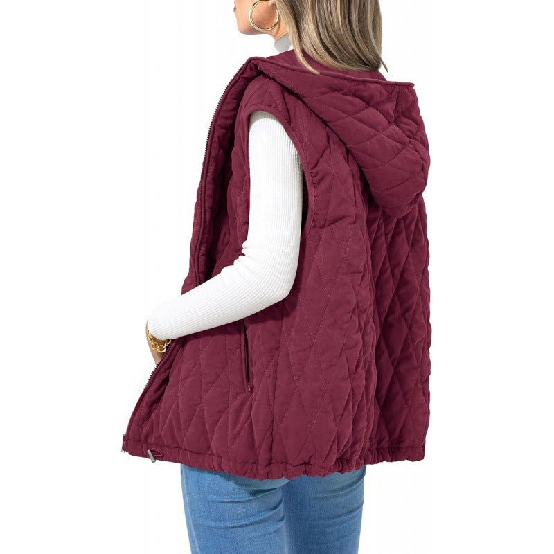 Fashion New Ladies Hooded Cotton-padded Waistcoat - Rose Red / S