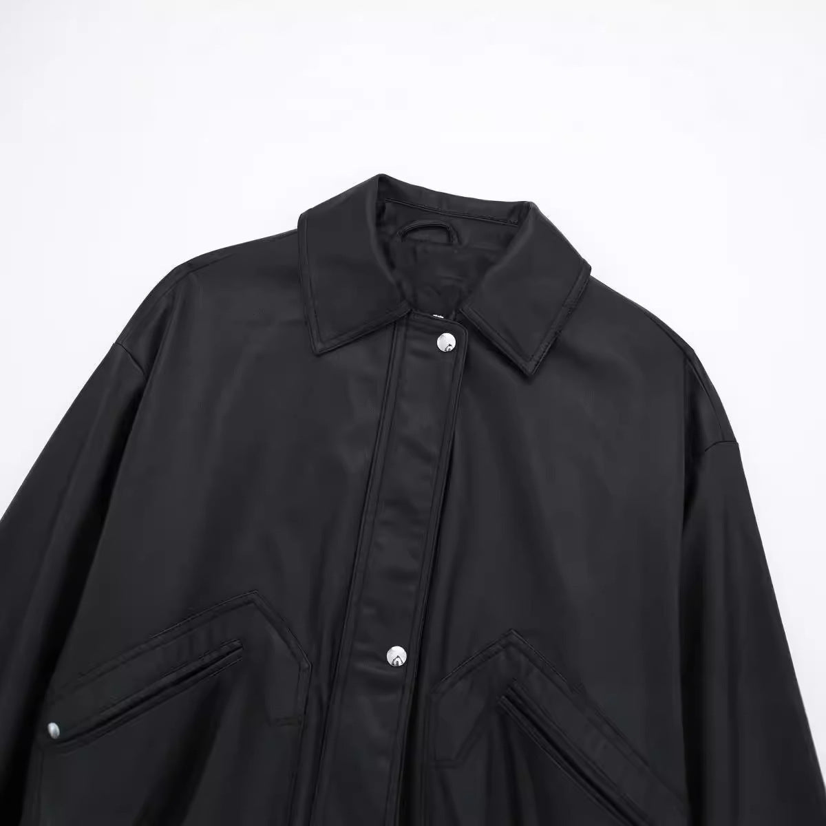 Women’s Lapel Loose Faux Leather Bomber Jacket Coat
