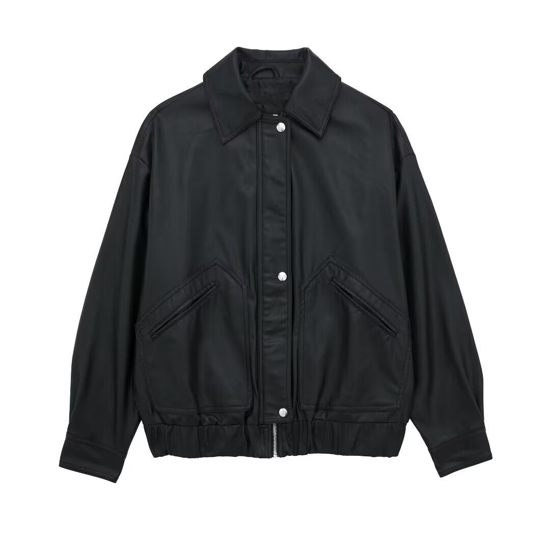 Women’s Lapel Loose Faux Leather Bomber Jacket Coat