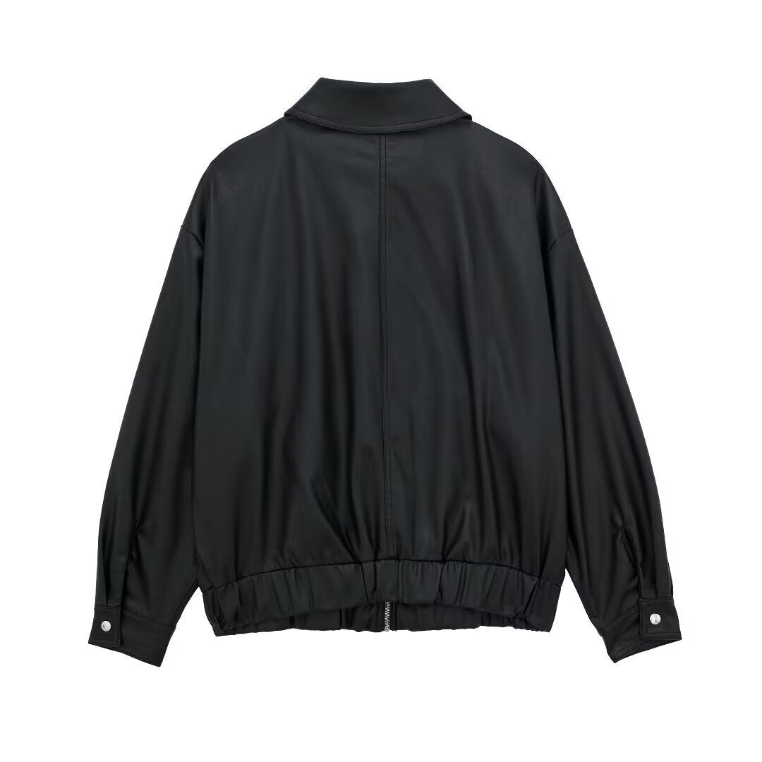 Women’s Lapel Loose Faux Leather Bomber Jacket Coat