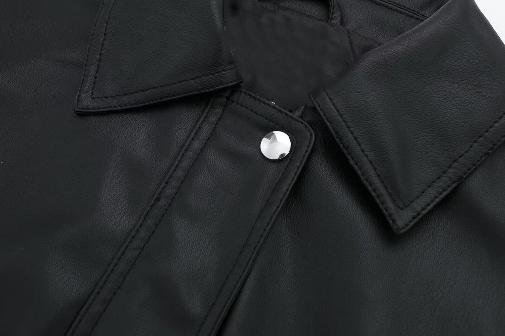 Women’s Lapel Loose Faux Leather Bomber Jacket Coat