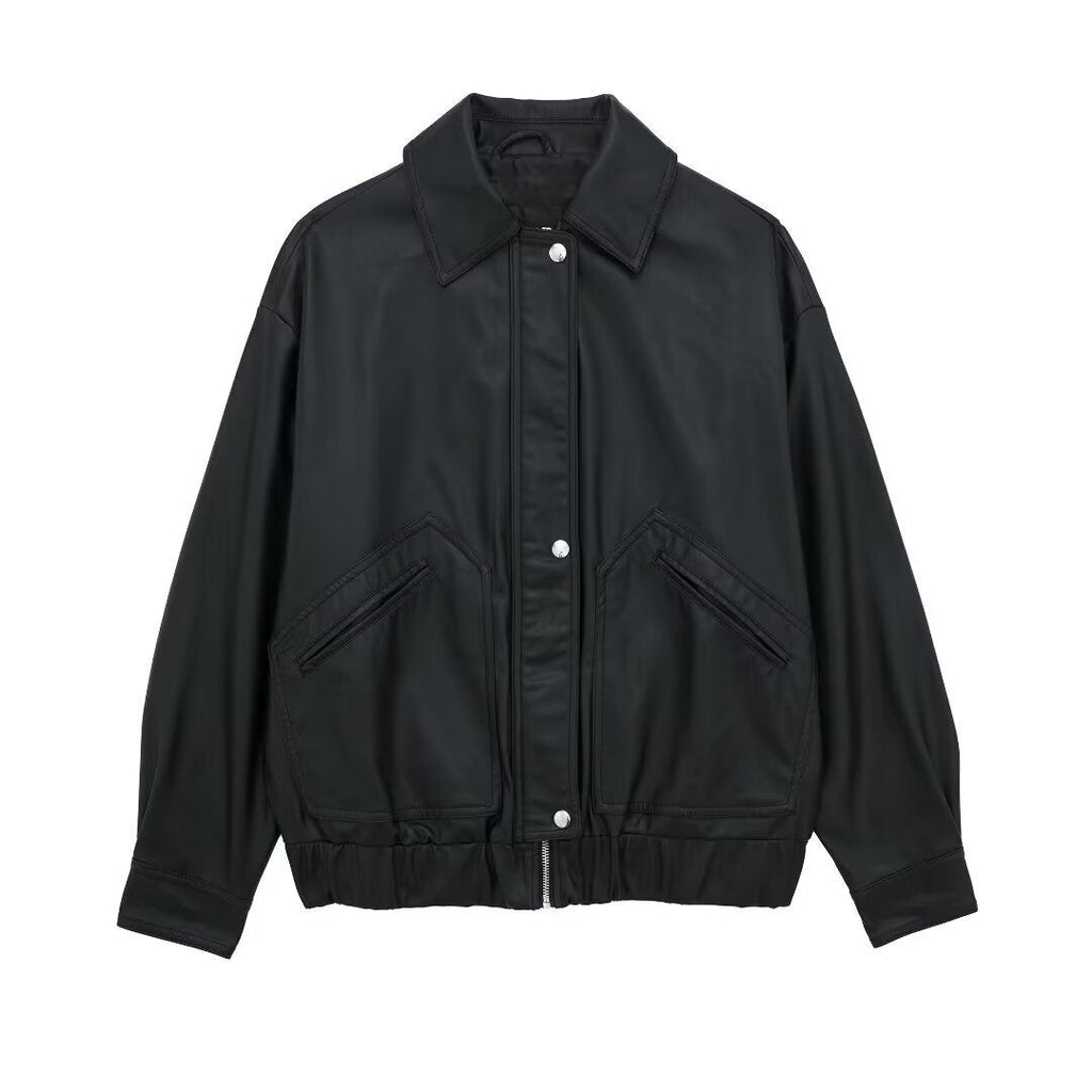 Women’s Lapel Loose Faux Leather Bomber Jacket Coat - Black / XS