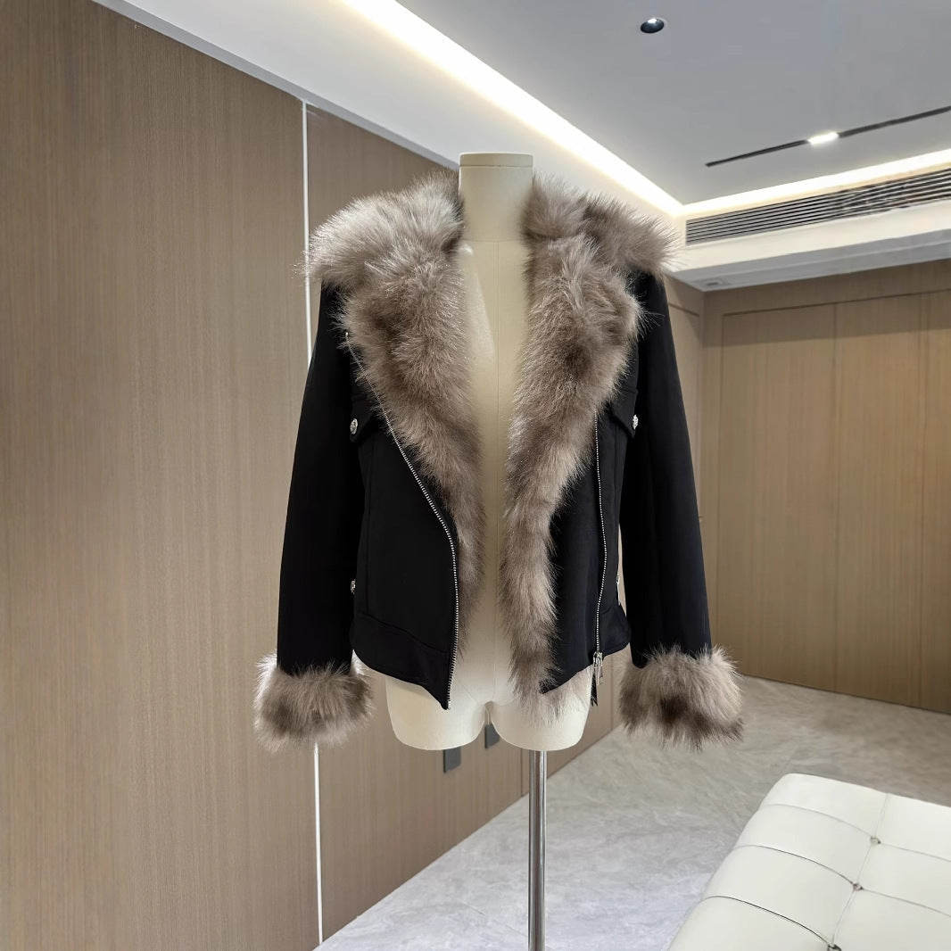 Winter Black Fur Motorcycle Warm Jacket - Black Fur Coat / S