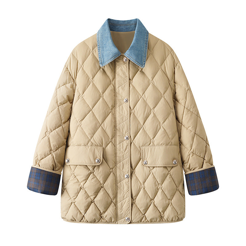 New Denim Stitching Diamond Plaid Cotton Coat Jacket Women - Khaki / S