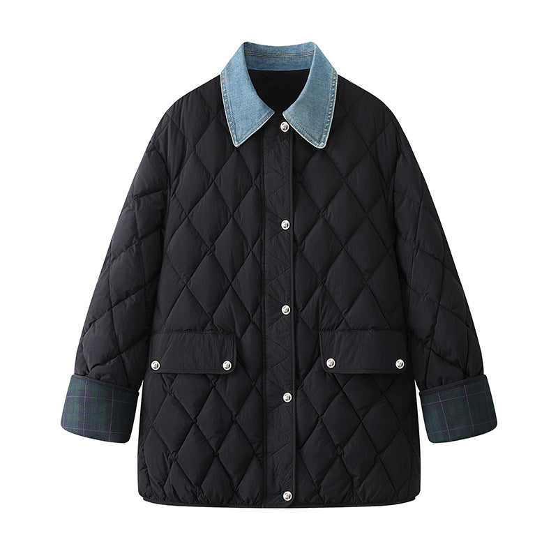 New Denim Stitching Diamond Plaid Cotton Coat Jacket Women - Black / S