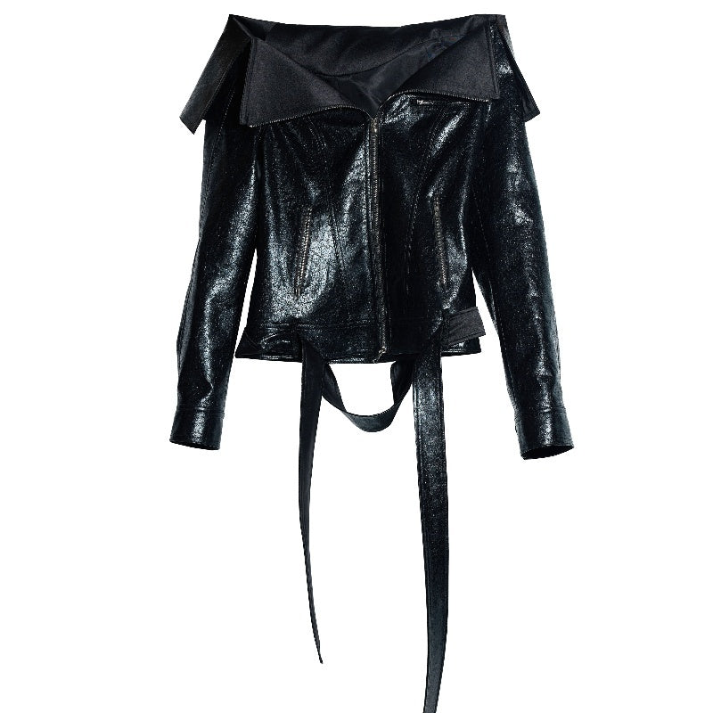 Large Lapel Off-shoulder Chapped PU Leather Narrow Jacket Coat - Black / S