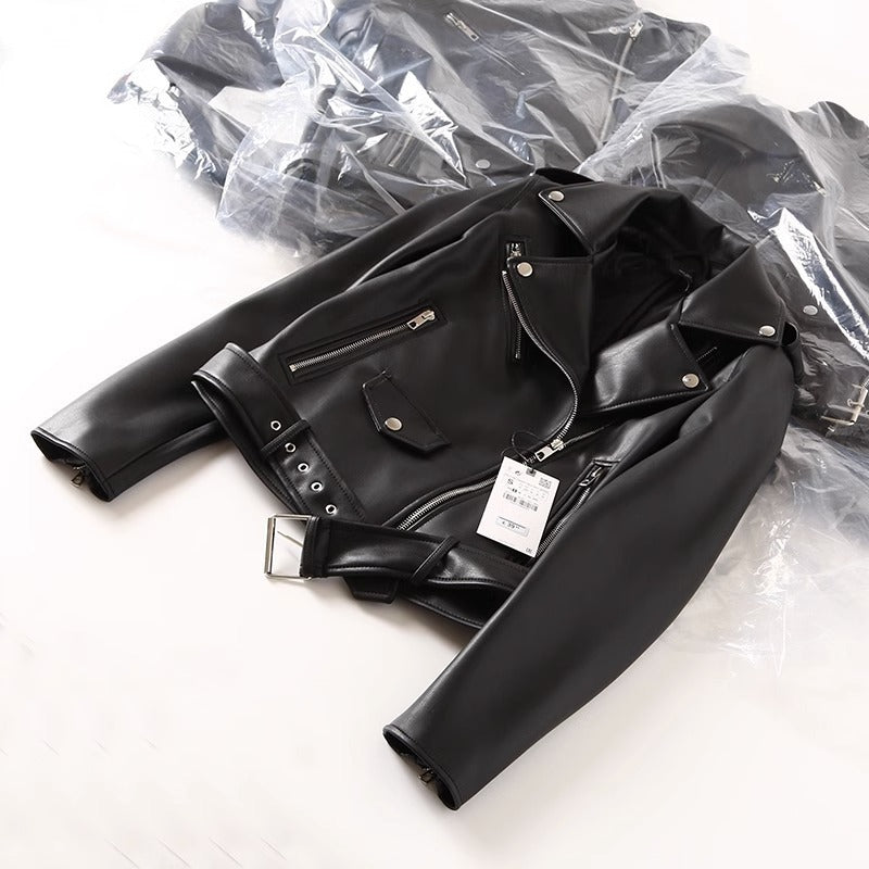 Women’s Black PU Leather Zip Jacket