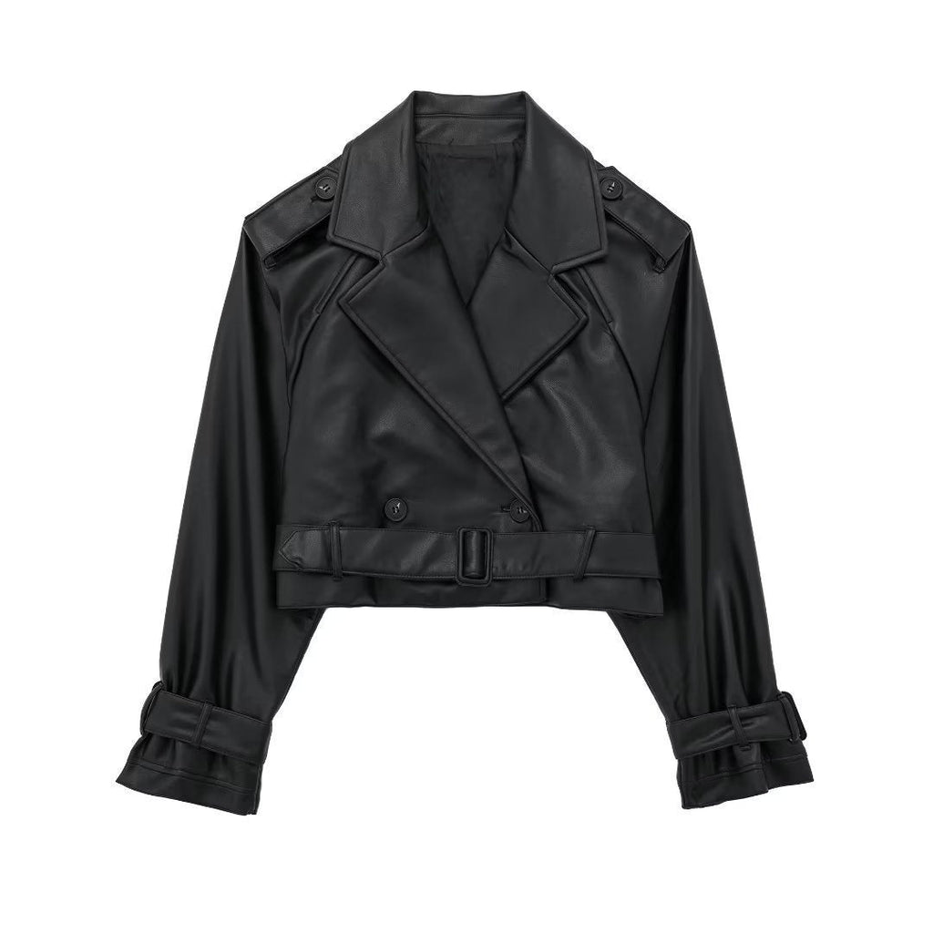 Autumn New European And American Leisure Imitation Leather Loose Short Trench Coat - Black / XS