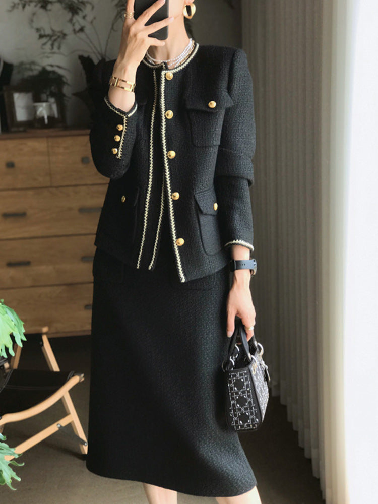 Classic Style Tweed Skirt Suit - Black Coat Skirt / S