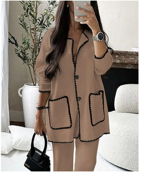 Women’s Suit Fashion Casual Loose Solid Color Two-piece Set - Camel / XL