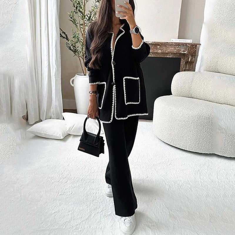 Women’s Suit Fashion Casual Loose Solid Color Two-piece Set - Black / XS