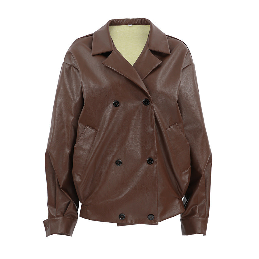 Women’s Elegant Suit Collar Loose Leather Coat