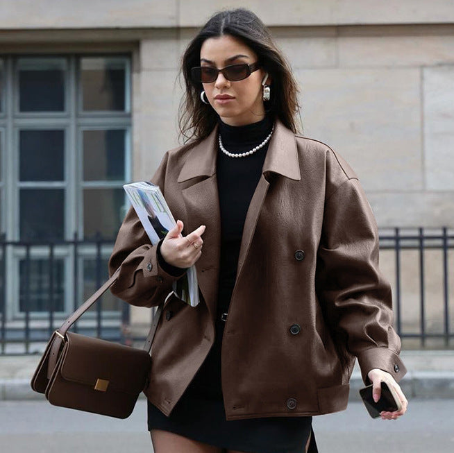 Women’s Elegant Suit Collar Loose Leather Coat