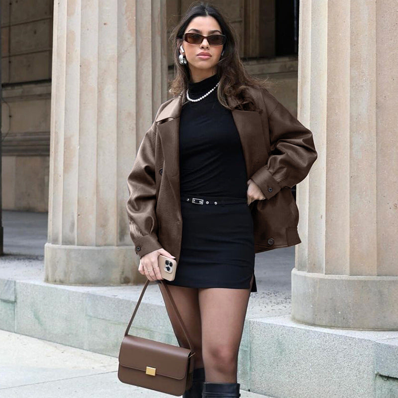 Women’s Elegant Suit Collar Loose Leather Coat