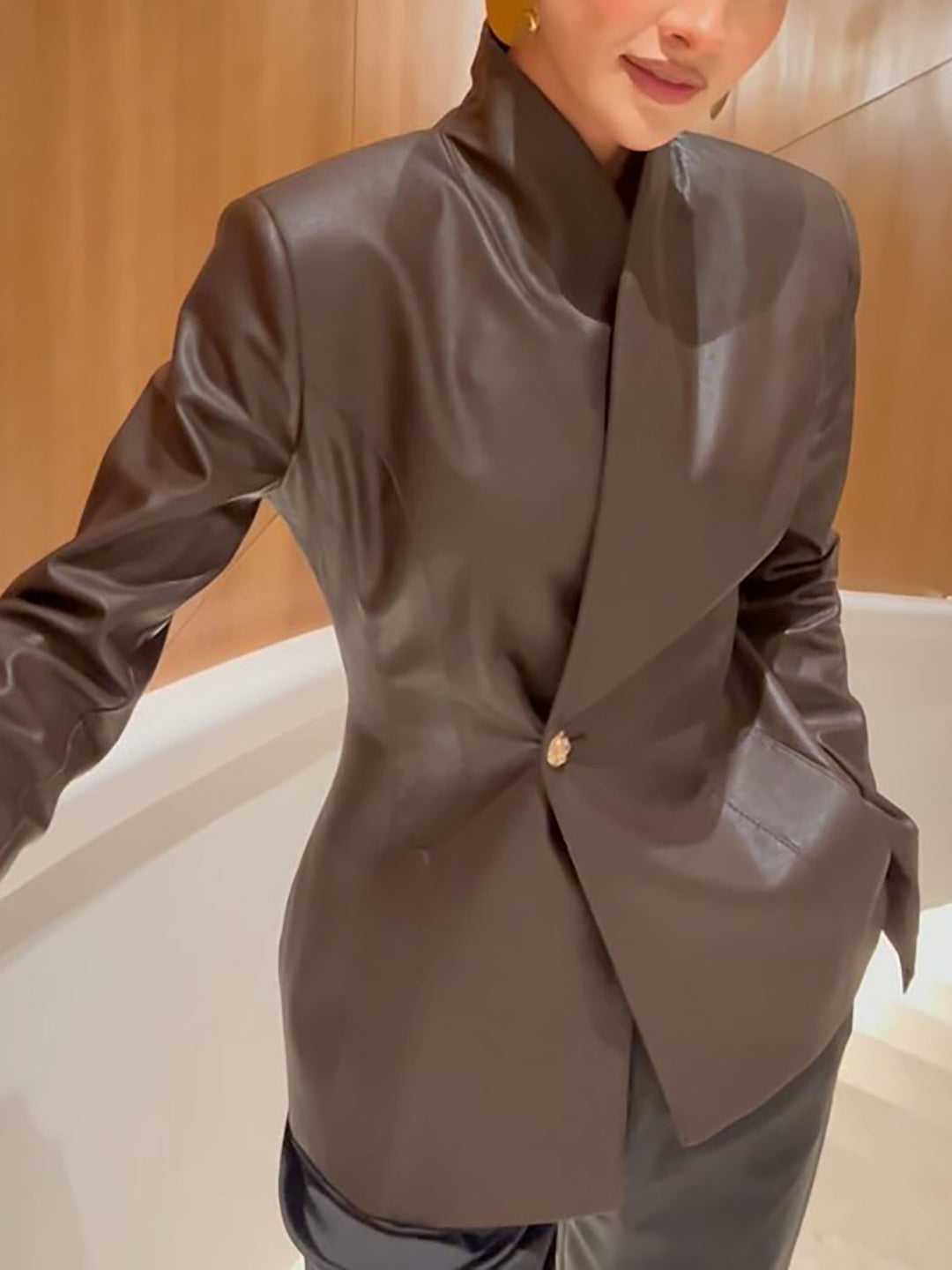 Brown Leather Wrap Jacket - 4