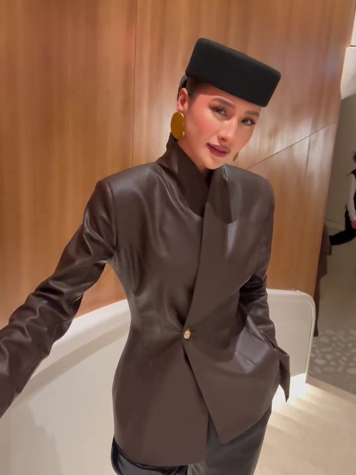 Brown Leather Wrap Jacket - Brown / XS - 4
