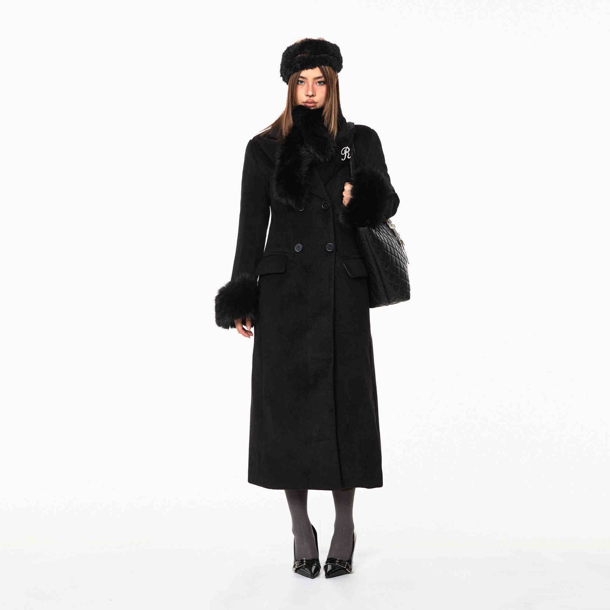 Waist-tight Woolen Fur Collar Quilted Long Overcoat Outerwear - Black / S