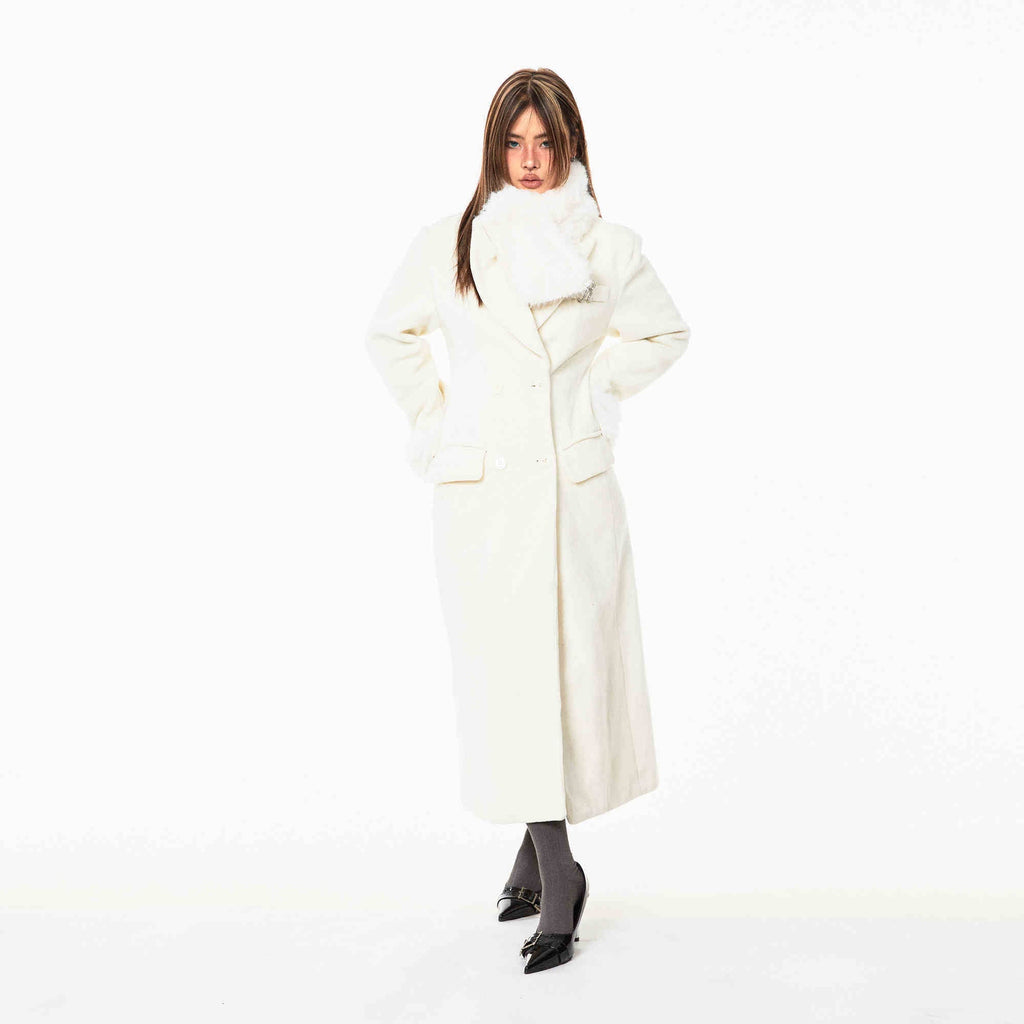 Waist-tight Woolen Fur Collar Quilted Long Overcoat Outerwear - White / S