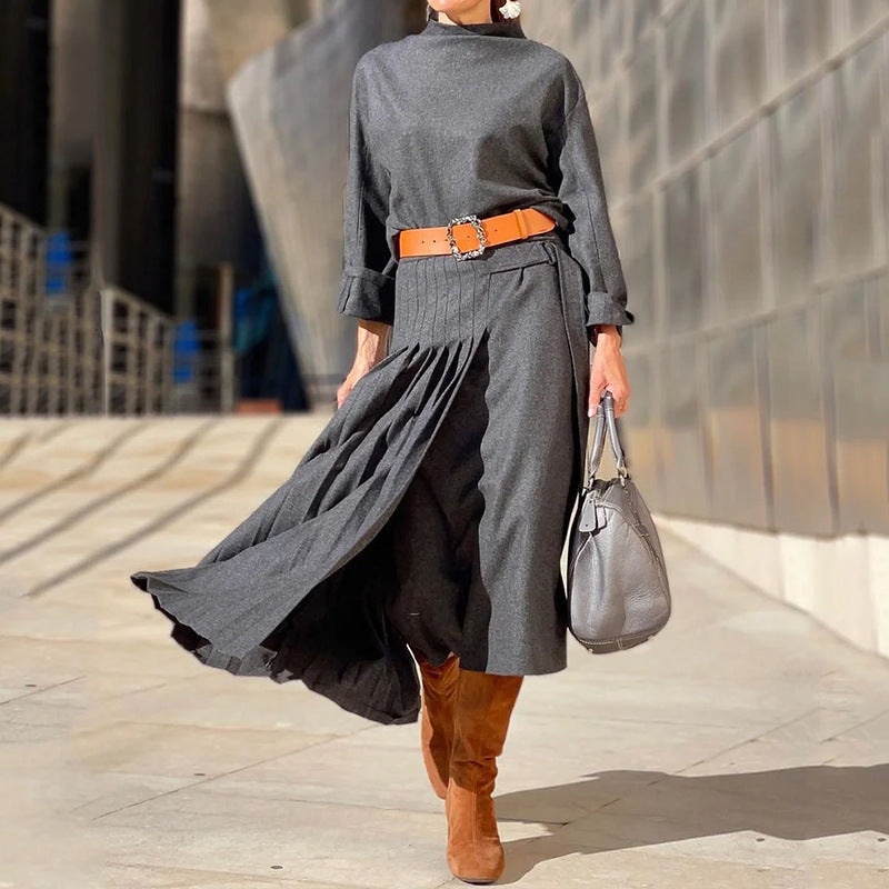 Women’s Suit Autumn New Long Sleeve Loose Solid Color Dress Two-piece Set - Gray Excluding Belt / S