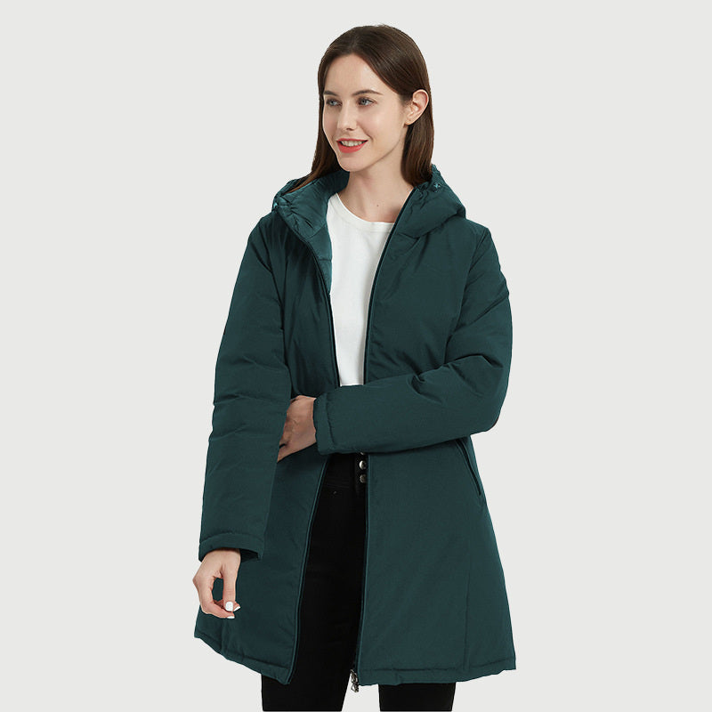 European Women’s Mid-length Autumn And Winter Wear Hooded Cotton Jacket - Green / L