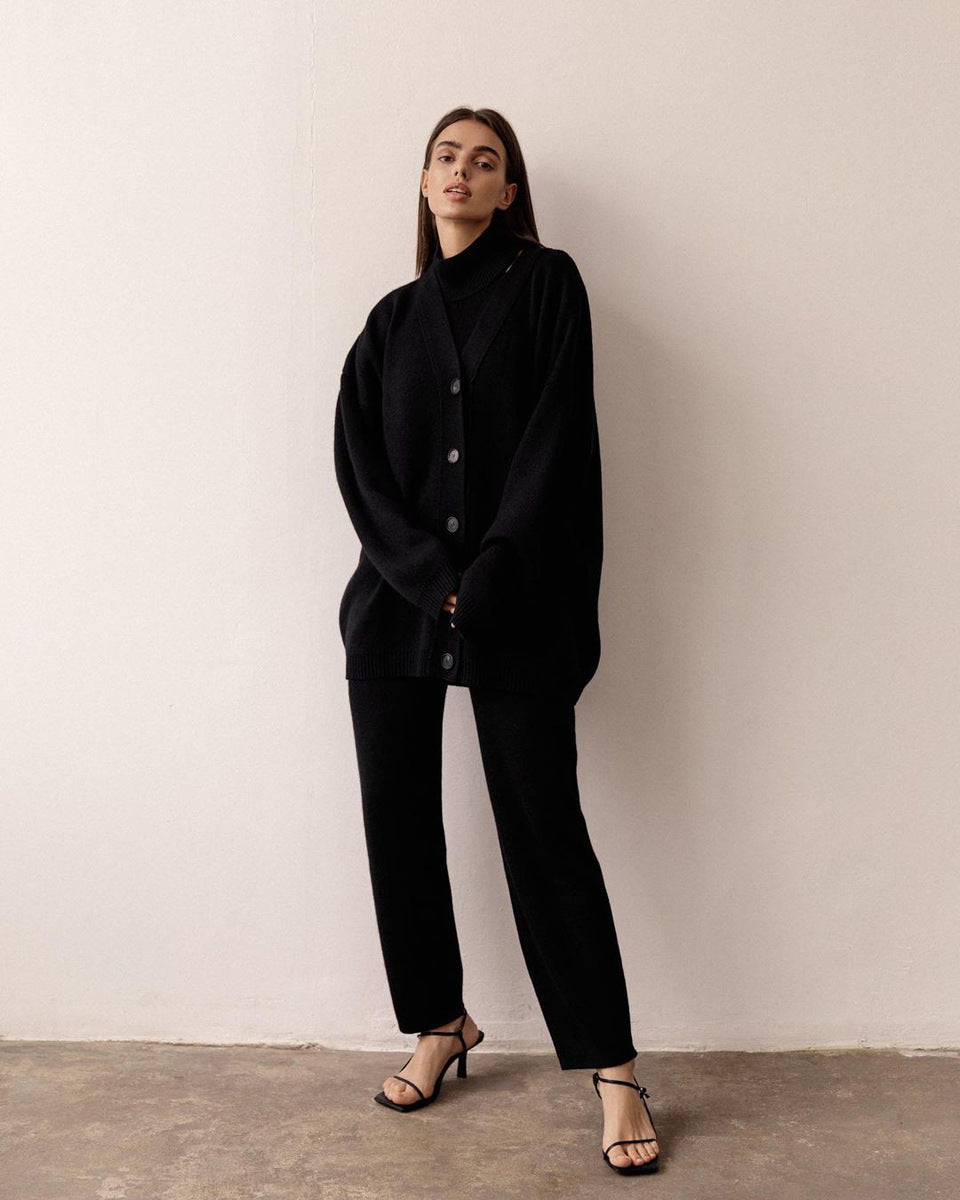 Turtleneck Single-breasted Wool Ladies Three-piece Set Pack - Black / S