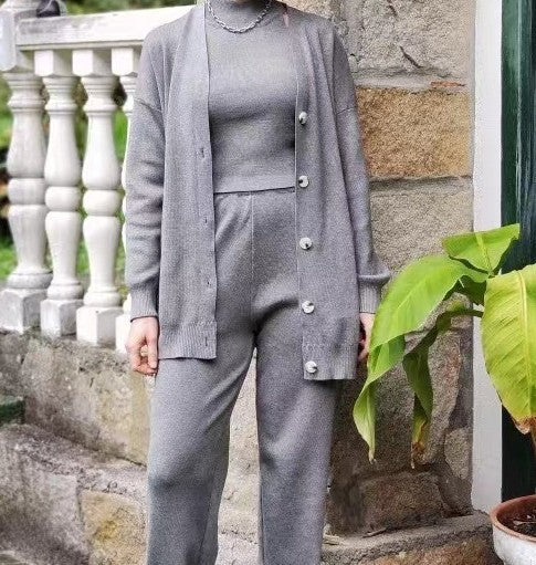 Turtleneck Single-breasted Wool Ladies Three-piece Set Pack - Gray / S