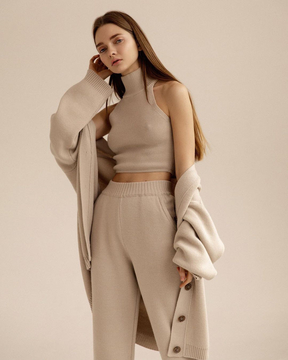 Turtleneck Single-breasted Wool Ladies Three-piece Set Pack - Khaki / S