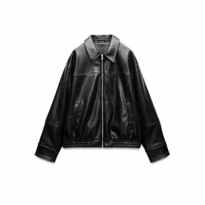Women’s Loose Lapels Leather Coat - Black / XS